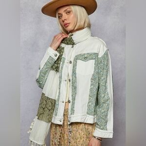 POL White Denim Jacket with Green Floral Patchwork Design size Large